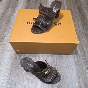 Louis Vuitton Vtg Monogram Pattern Fringe Trim Accent Block Heel Size EU 37